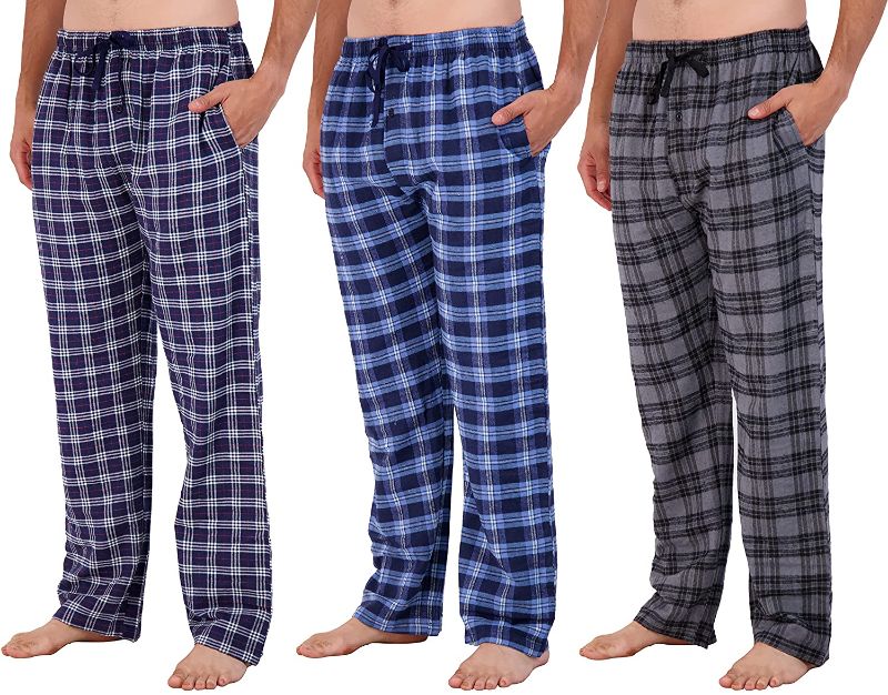 Photo 1 of 3 Pack: Mens Pajama Pants - Mens Knit Cotton Flannel Plaid Lounge Bottoms with Button Fly SIZE 3XL
