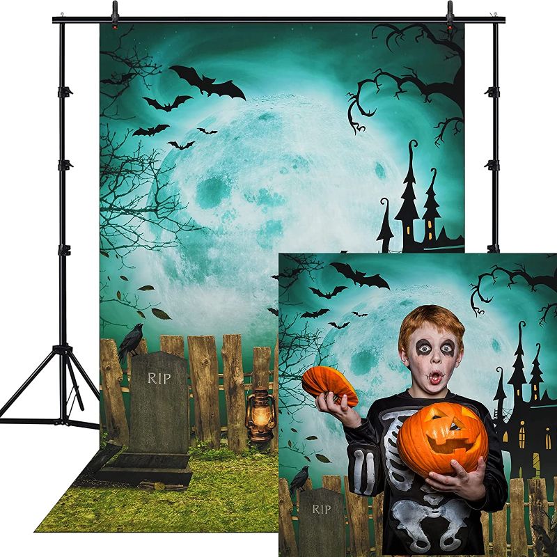 Photo 1 of  5x3ft Halloween Photo Backdrop Halloween Graveyard Fence Theme Moon Background Pumpkin Backdrop Bats Raven Tree Halloween Backdrop for Photography Children Kids Halloween Party Decoration