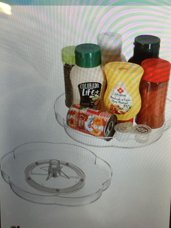 Photo 1 of  2 PACK 10 INCH LAZY SUSAN KITCHEN TURNTABLE, CLEAR PLASTIC 360 DEGREE ROTATING SPICE ORGANIZER TRAY FLOWER DESIGN