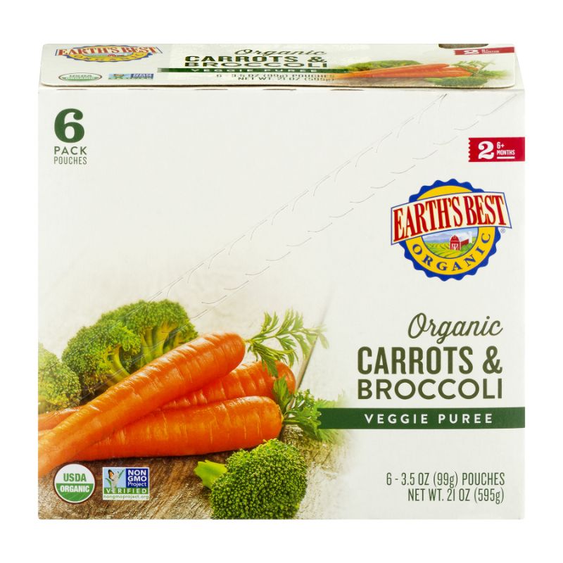 Photo 1 of 2, (6 pack) earth's best organic stage 2, carrots & broccoli veggie puree baby food, 3.5 oz pouch EXPIRES 3/31/2021
