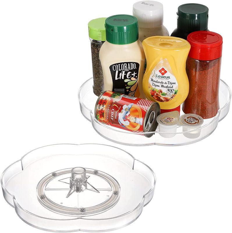 Photo 1 of  2 Pack 10 Inch Lazy Susan Kitchen Turntable, Clear Plastic 360 Degree Rotating Spices Organizer Tray for Pantry, Cabinet, Flower Design