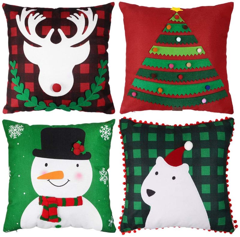 Photo 1 of Christmas Pillow Covers with 3D Deer Snowman Polar Bear Christmas Tree Designs Throw Pillow Cases for Christmas Home Decorations 4PCS 18X18 inches
