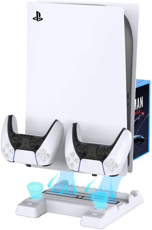 Photo 1 of BEJOY Multifunctional Vertical Stand with Dual Cooling Fans for PS5 Console, 3-Level Rotate Fans Speed, Dual Type-C PS5 Charging Station with Gaming Headset Holder, 11 Games Boxes Storage, White
