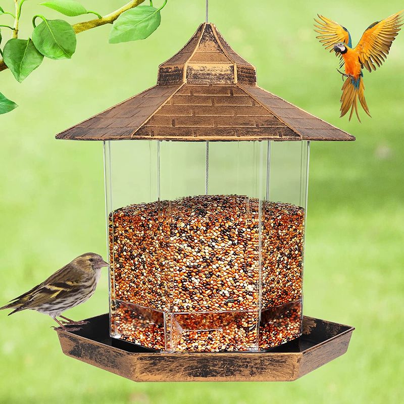 Photo 1 of hanging Wild Bird Feeder, Outside Decoration -Perfect for Attracting Birds on Outdoor Garden Yard, Hexagon Shaped with Roof Avoid Water (Gold)