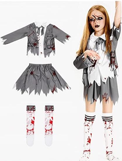 Photo 1 of IKALI Zombie Halloween Costume, Girls Boys Women Cheerleader High School Prisoner Bride Nurse Bloody Kids Fancy Dress Outfit