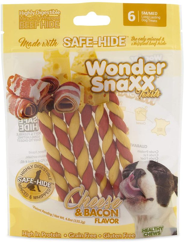 Photo 1 of exp 12-2022--2 pack Wonder SnaXX Cheese & Bacon, Twists, Dog Chews Made from Whipped Rawhide, /Med, 6 Twists
