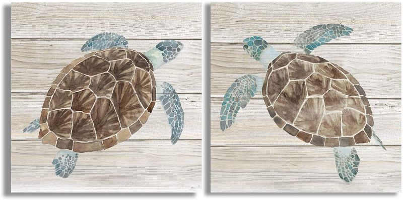 Photo 1 of 1 Pair of Turtles Prints on Wood Color Background Canvas Oil Painting for Bathroom, Classic Wall Art Bedroom Blue-Green Decorative Beach Picture,Ready to Hang 14x14inch
