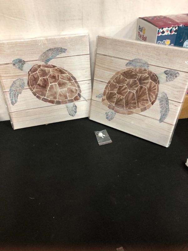 Photo 2 of 1 Pair of Turtles Prints on Wood Color Background Canvas Oil Painting for Bathroom, Classic Wall Art Bedroom Blue-Green Decorative Beach Picture,Ready to Hang 14x14inch

