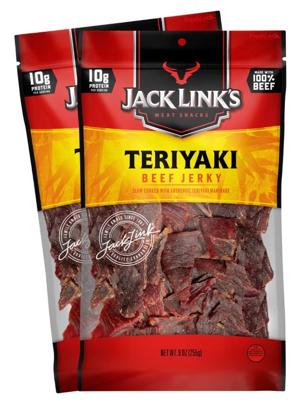 Photo 1 of 
Jack Link’s Beef Jerky, Teriyaki, (2) 9 Oz Bags – Flavorful Everyday Snack, 10g of Protein and 80 Calories, Made with 100% Premium Beef, Soy, Ginger and Onion - 96% Fat Free, No Added MSG exp 10/18/2022