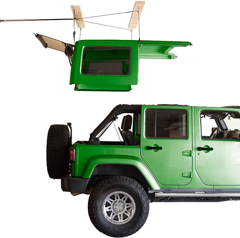 Photo 1 of HARKEN - Hardtop Overhead Garage Storage Hoist for Jeep Wrangler and Ford Bronco, Self-Leveling, Safe Anti-Drop System, Easy One-Person Operation, (Bonus T Knobs for Quick Hard Top Removal)
