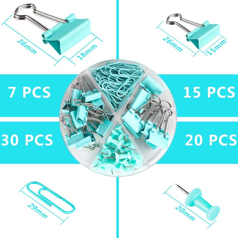 Photo 1 of 3PACK Push Pins Binder Clips Paperclips Sets for Office, School and Home Supplies, Desk Organized, 72 Pcs Assorted Sizes (Blue/PINK/ROSE GOLD)
