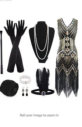 Photo 1 of FEPITO 1920s V Neck Sequin Beaded Fringed Dress with 20s Accessories Set large 
