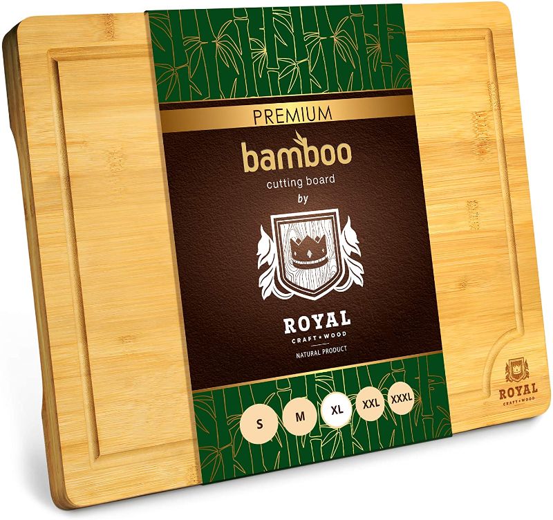 Photo 1 of Extra Large Organic Bamboo Cutting Board with Juice Groove - Kitchen Chopping Board for Meat (Butcher Block) Cheese and Vegetables (XL 18 x 12")
