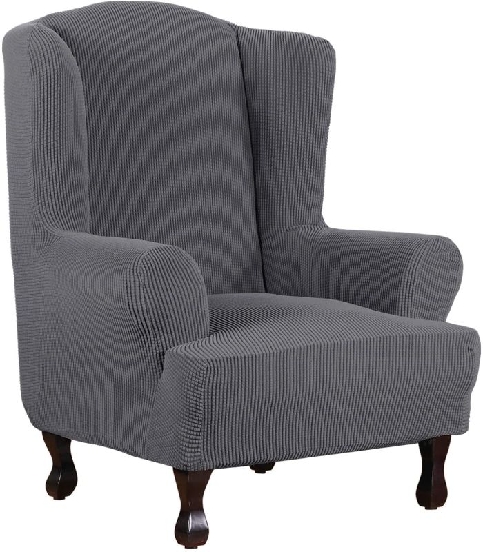 Photo 1 of 1 Piece Super Stretch Stylish Furniture Cover/Wingback Chair Cover Slipcover Spandex Jacquard Checked Pattern, Super Soft Slipcover Machine Washable/Skid Resistance (Wing Chair, Gray)
