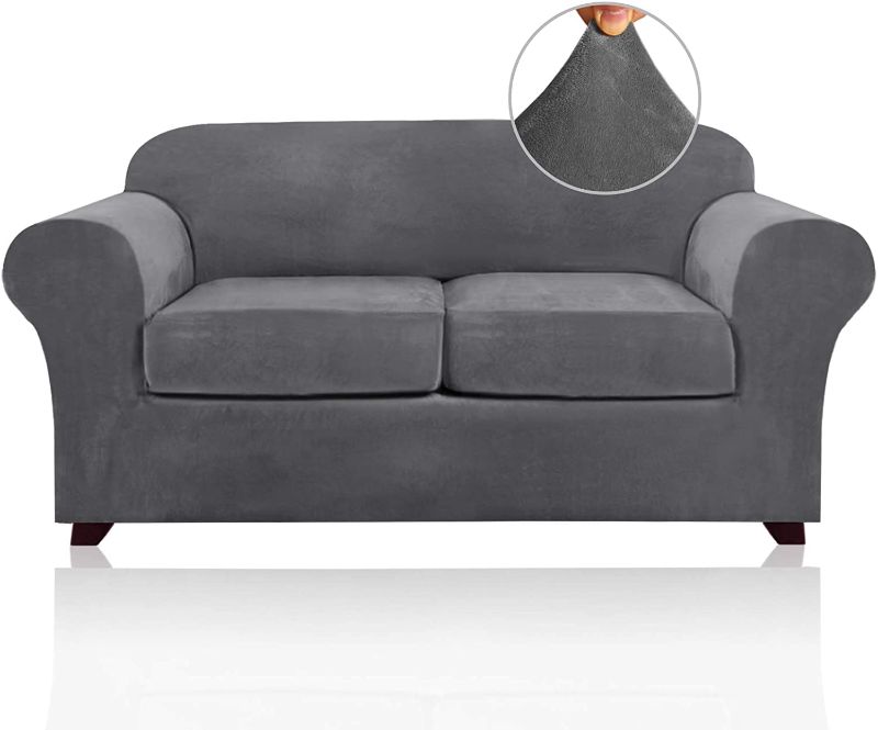 Photo 1 of 3 Pieces Sofa Covers Stretch Velvet Couch Covers for 2 Cushion Sofa Slipcovers Soft Sofa Slip Covers with 2 Non Slip Straps Furniture Covers with 2 Individual Seat Cushion Covers (Medium, Grey)
