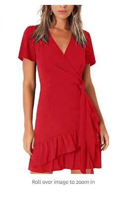 Photo 1 of Kate Kasin Women SZ S  Mini Dress Wrap V Neck Casual Summer Dress Short Sleeves Ruffled Irregular Hem with Tie Belt
