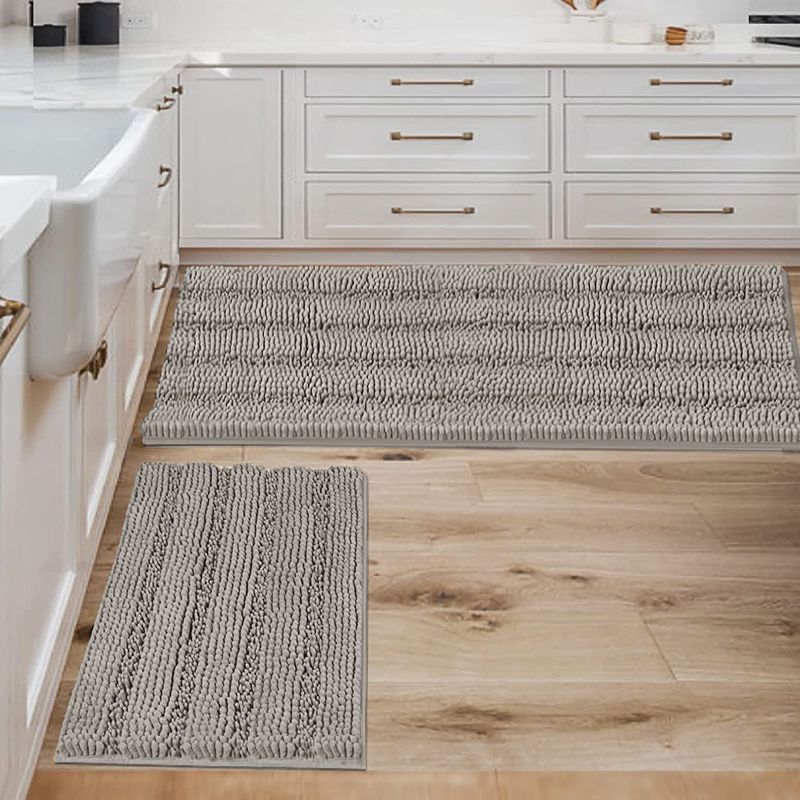 Photo 1 of Bathroom Rugs Bath Mats Sets Super Absorbent Chenille Striped Bath Mats Non Skid Machine Wash Dry Rugs for Bathroom Floor Set of 2(Dove Grey, 47 x 17 Plus 17 x 24 - Inches)
