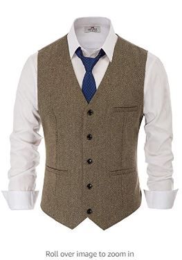 Photo 1 of L, Men's Western Herringbone Tweed Suit Vest Wool Blend V Neck Slim Fit Waistcoat
