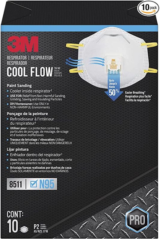 Photo 1 of 3M 8511 Paint Sanding Valved N95 Cool-Flow Respirator, 10-Pack, OPENED BOX, MASKS ARE WRAPPED IN PLASTIC, USE BEFOR 06/2026