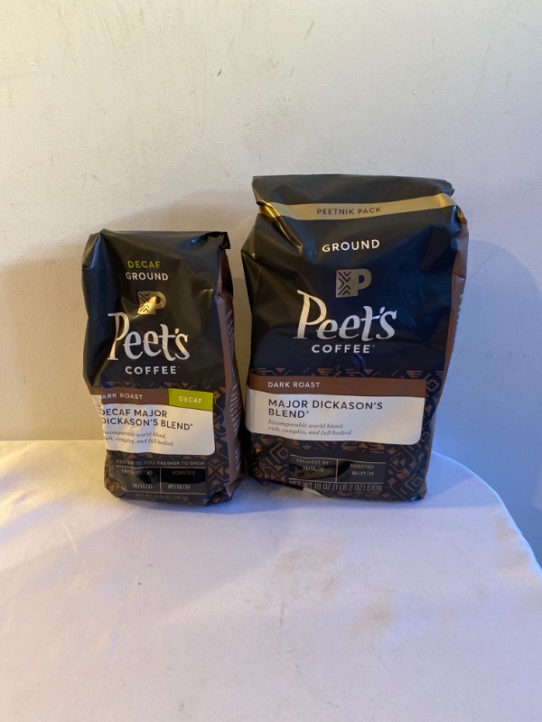 Photo 3 of 2PC LOT
Peet's Coffee, Major Dickason's Blend - Dark Roast Ground Coffee - 18 Ounce Bag, FRESHEST BY 11/15/2021

Peet's Coffee, Decaf Major Dickason's Blend - Dark Roast Decaffeinated Ground Coffee - 10.5 Ounce Bag, FRESHEST BY 10/11/2021