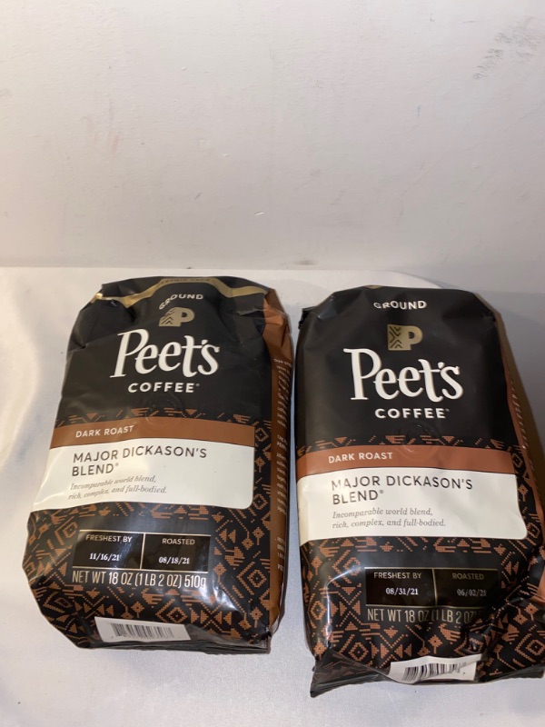 Photo 2 of 2PC LOT
Peet's Coffee, Major Dickason's Blend - Dark Roast Ground Coffee - 18 Ounce Bag, 2 COUNT, EXP 08/31/2021 & 11/16/2021