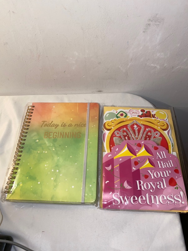 Photo 3 of 2PC LOT
Hardbound Journal Ruled Hard Cover Notebook Spiral Notebook Watercolor Design “Today is a nice BEGINNING” 6.25” x 8.25”

Hallmark Funny Pop Up Mother's Day Card with Song (Cat Queen, Plays Rule Britannia)