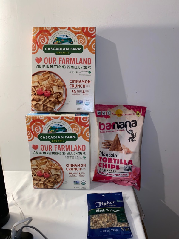 Photo 4 of 3PC LOT
Fisher Chef's Naturals Black Walnuts, 2 Ounces, Unsalted, Naturally Gluten Free, No Preservatives, Non-GMO, Keto, Paleo, Vegan Friendly, EXP 12/15/2021

Cascadian Farm Organic Cereal, Cinnamon Crunch, Whole Grain Cereal, 9.2 oz, EXP 11/14/2021, 2 