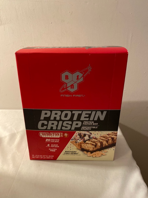 Photo 2 of BSN Protein Bars - Protein Crisp Bar by Syntha-6, Whey Protein, 20g of Protein, Gluten Free, Low Sugar, Cold Stone Creamery Birthday Cake Remix, 12 Count, EXP 08/05/2021