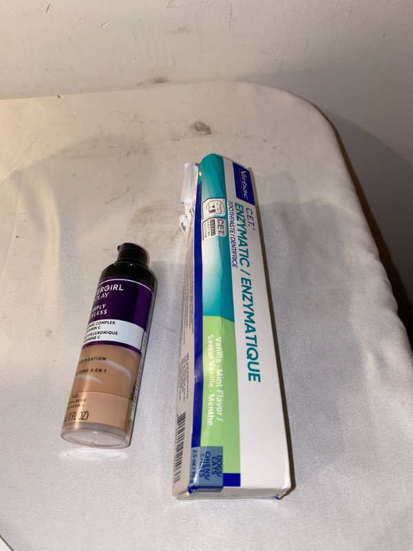 Photo 3 of 2PC LOT
Virbac CET Enzymatic Toothpaste| Eliminates Bad Breath by Removing Plaque and Tartar Buildup | Best Pet Dental Care Toothpaste, EXP 04/2024, DAMAGED PACKAGING

COVERGIRL+OLAY Simply Ageless 3-in-1 Liquid Foundation, Natural Beige, USED 