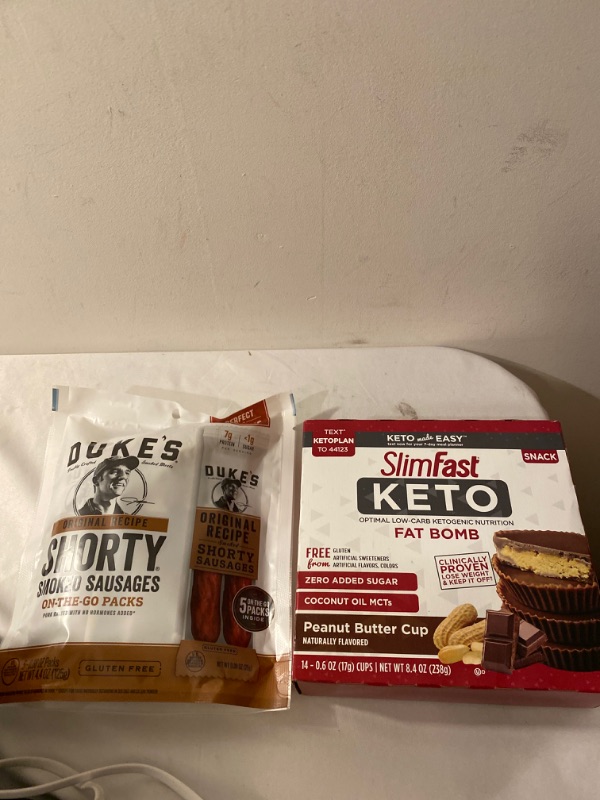 Photo 3 of 2PC LOT
DUKE'S Original Recipe Smoked Shorty Sausages, Keto Friendly, On-the-Go Twin Pack, 5 Count per pack, 4.4 Ounce, EXP 11/13/2021

SlimFast Keto Fat Bomb Snack Cup, Peanut Butter Chocolate, Keto Snacks for Weight Loss, Low Carb with 0g Added Sugar, 1