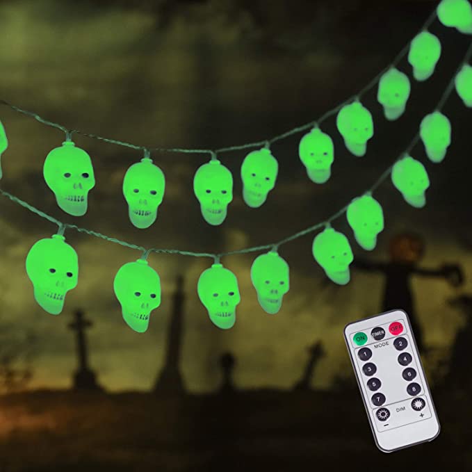 Photo 1 of 30 LED Halloween Decoration Skull String Lights, Battery Operated 8 Modes Fairy Lights with Remote, 16.4ft Waterproof Halloween Lights Decor for Outdoor Indoor Party (Green)