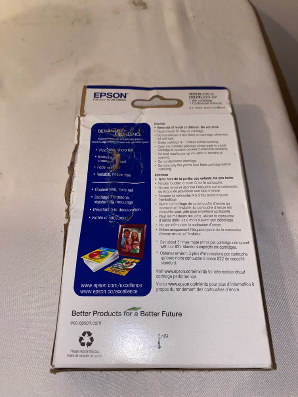 Photo 2 of EPSON T822 DURABrite Ultra Ink High Capacity Cyan Cartridge (T822XL220-S) for Select Epson Workforce Pro Printers, DAMAGED PACKAGING