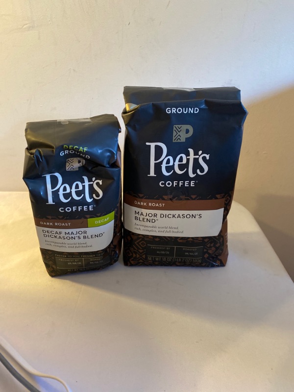 Photo 3 of 2PC LOT
Peet's Coffee, Major Dickason's Blend - Dark Roast Ground Coffee - 18 Ounce Bag, EXP 11/03/2021

Peet's Coffee, Decaf Major Dickason's Blend - Dark Roast Decaffeinated Ground Coffee - 10.5 Ounce Bag, EXP 09/08/2021