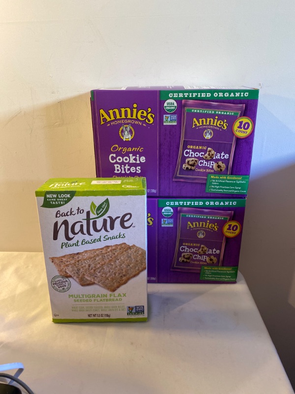 Photo 3 of 3PC LOT
Annie's Organic Chocolate Chip Cookie Bites, 10.5 oz, 10 ct, EXP 08/29/2021, 2 COUNT

Back to Nature Crackers, Non-GMO Multigrain Flax Seed, 5.5 Ounce, EXP 11/16/2021