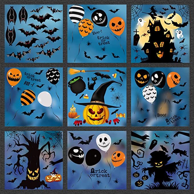 Photo 1 of 2PC LOT
9 Sheet Halloween Window Clings for Glass, Pumpkin bat Spider Spooky Door Stickers, Halloween Decorations Glass Stickers Wall Decals for Home Party Decoration (139 Pcs), 2 COUNT