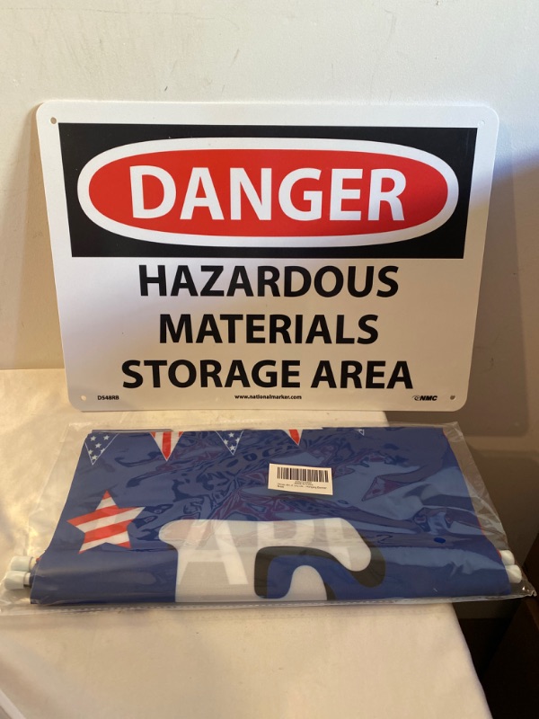 Photo 3 of 2PC LOT
NMC D548RB OSHA Sign, Legend "DANGER - HAZARDOUS MATERIALS STORAGE AREA", 14" Length x 10" Height, Rigid Plastic, Black/Red on White

Unves 4th of July Decorations Porch Sign Patriotic Banner, Fourth of July Decorations Welcome Banner - Freedom, 4