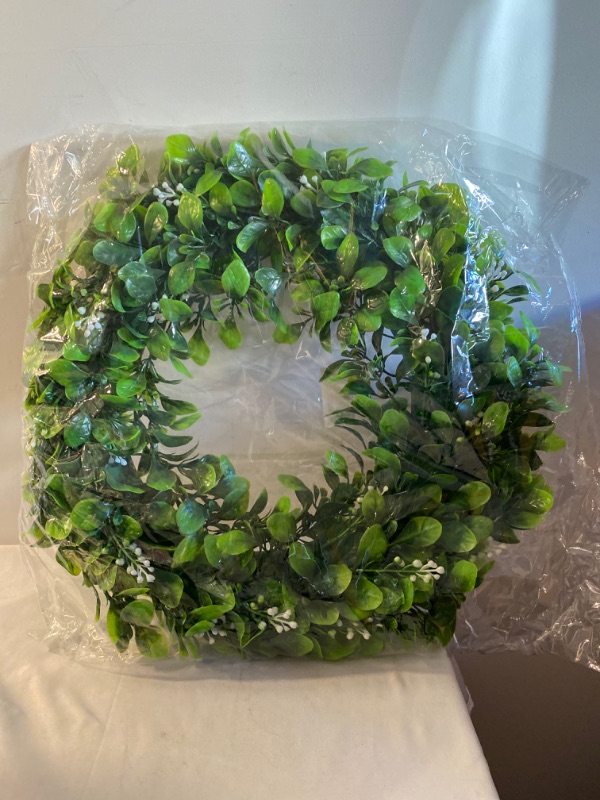 Photo 2 of 16.5" Artificial Boxwood Wreath Small Greenery Wreath for Front Door Home Hanging Wall Window Wedding Party Decor (White Seeds)