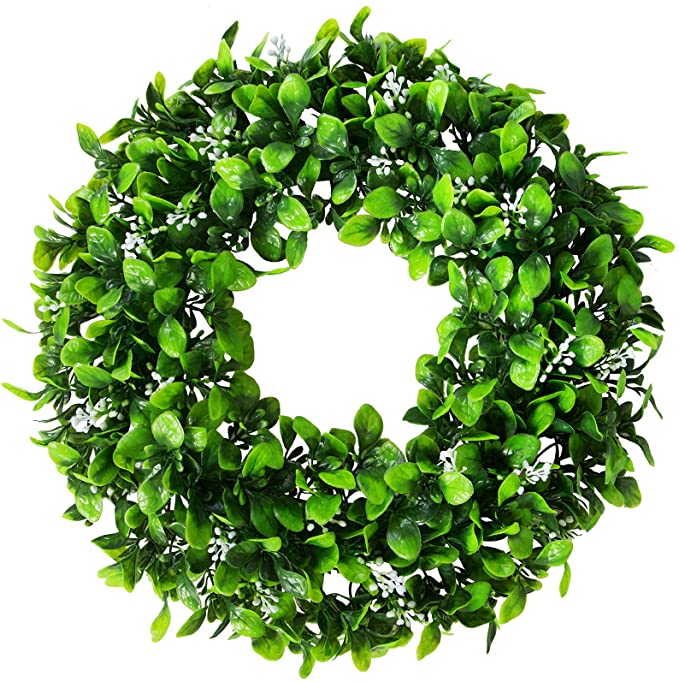 Photo 1 of 16.5" Artificial Boxwood Wreath Small Greenery Wreath for Front Door Home Hanging Wall Window Wedding Party Decor (White Seeds)