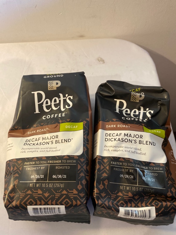 Photo 2 of 2PC LOT
Peet's Coffee, Decaf Major Dickason's Blend - Dark Roast Decaffeinated Ground Coffee - 10.5 Ounce Bag, EXP 09/28/202, 2 COUNT