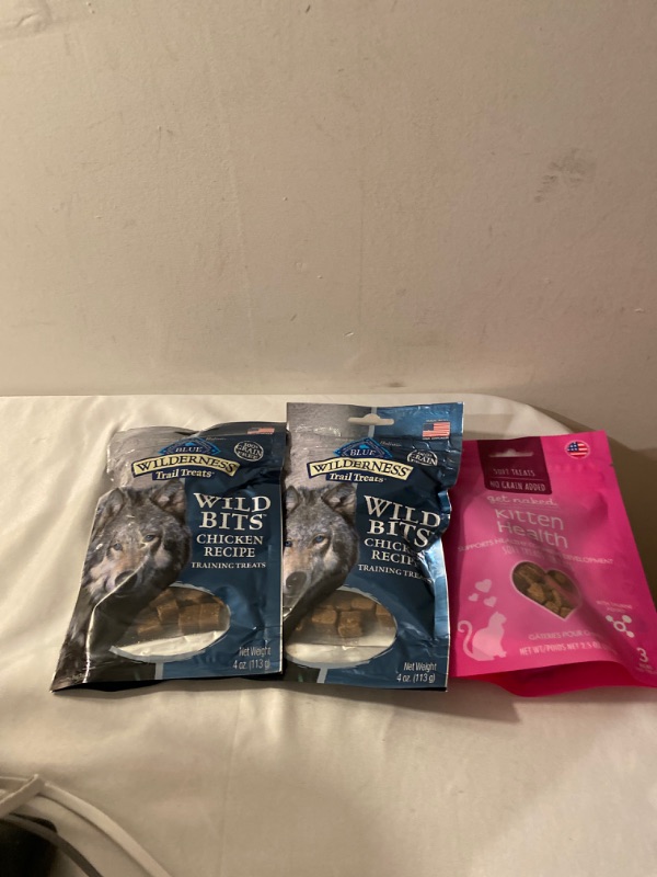 Photo 3 of 3PC LOT
Get Naked 1 Pouch Kitten Health Soft Treats, 2.5 oz, EXP 07/13/2022

Blue Buffalo Wilderness Trail Treats Wild Bits Grain Free Soft-Moist Training Dog Treats, EXP 10/17/2021, 2 COUNT