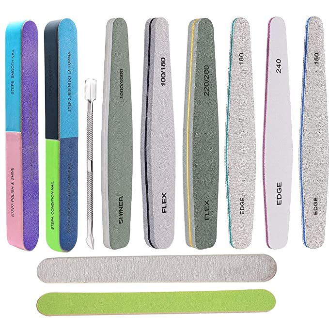 Photo 1 of 11 Pcs Nail Files Set for Nature Acrylic Nail Professional Multifunctional 2 7-Way Fingernail and Buffer Shine Block Emery Boards with 2 Wood File, Different Grit Nail File with Cuticle Pusher 10pcs