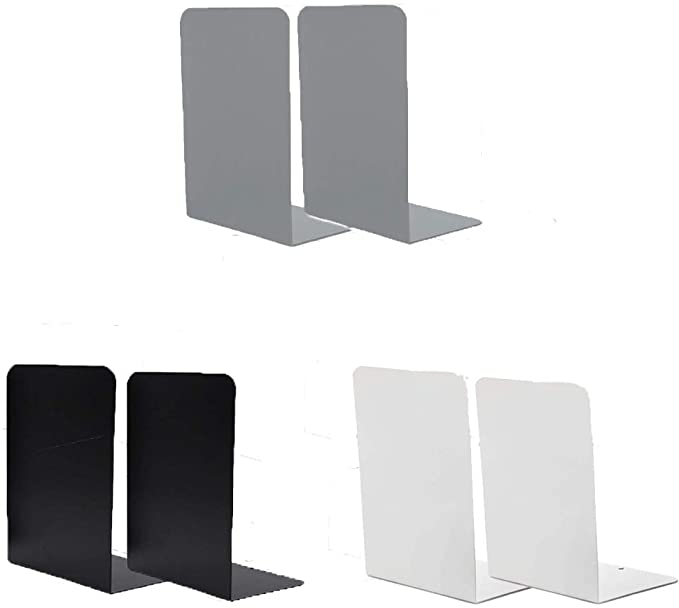 Photo 1 of Bookends Nonskid Metal Bookends Books Holder Book Supports for Shelves Metal Decorative Book Ends for Kids Children Desktop Organizers for Home Office School Supplies (Black White Gray 3Pairs)
