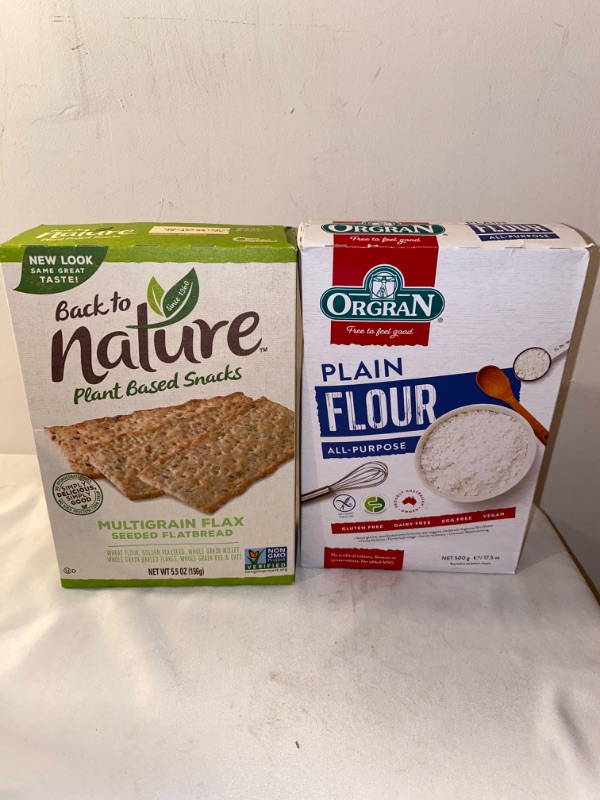 Photo 3 of 2PC LOT
Orgran, Measure for Measure All Purpose Flour, Certified Gluten-Free, Vegan, Non-GMO, Certified Kosher, 1.1 lbs, EXP 02/04/2022

Back to Nature Crackers, Non-GMO Multigrain Flax Seed, 5.5 Ounce, EXP 11/16/2021