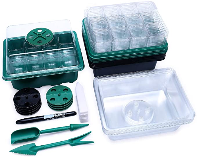 Photo 1 of 12 Cells Seed Starter Tray with Dome and Base, FANGHZHIDI 10 Pack 120 Cells Reusable Seedling Box with Humidity Adjustment Kits, Plant Germination Trays with Drain Hole - 5 Black + 5 Green