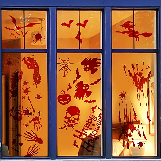Photo 1 of 172PCS Scary Halloween Bloody Handprint Footprint Decals Decoration for Window Wall Door Floor Bathroom Decor, Halloween Haunted House Horror Window Stickers Props Supplies