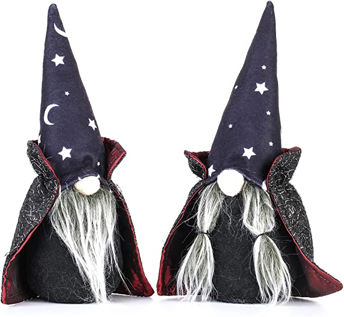 Photo 1 of 9.5" Halloween Gnome Ornament with Black Witch Cloak Hat?Swedish Tomte Scandinavian Handmade Plush Doll Decoration for Household Table Party Festival Events Kids Gifts, Pack of 2