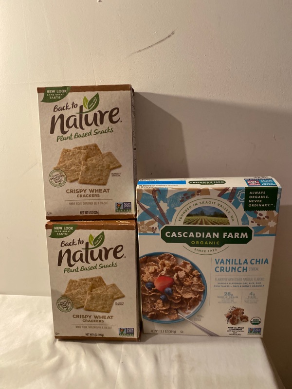 Photo 3 of 3PC LOT
Cascadian Farm Organic Vanilla Chia Crunch Whole Grain Oats, 12.5 Oz, EXP 09/08/2021

Back to Nature Crackers, Non-GMO Crispy Wheat, 8 Ounce, EXP 11/28/2021, 2 COUNT