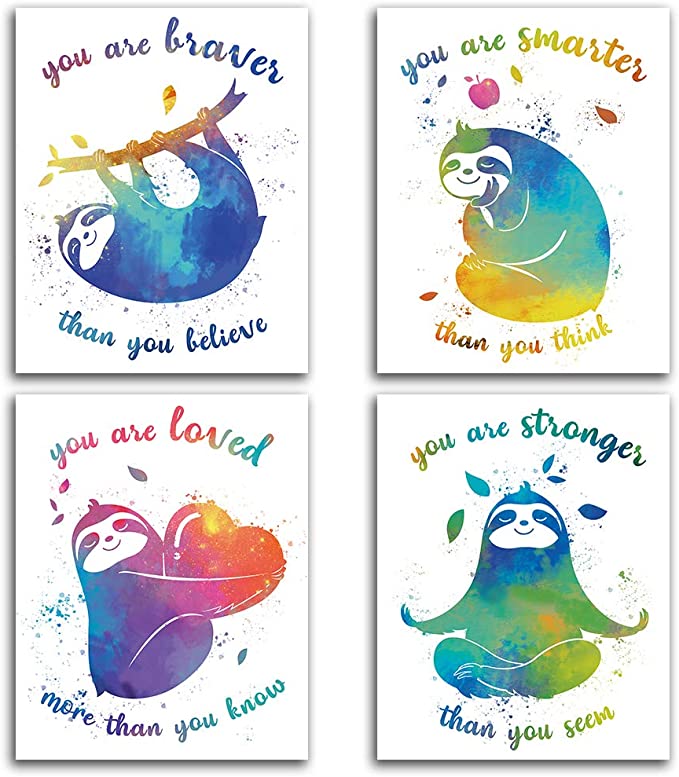 Photo 1 of Colorful Sloth Inspirational Words Watercolor Art Print Set of 4 (8”X10”), Sloth art Poster for Boys & Girls, Nursery, Kids Bedroom Home Wall Decor, No Frame