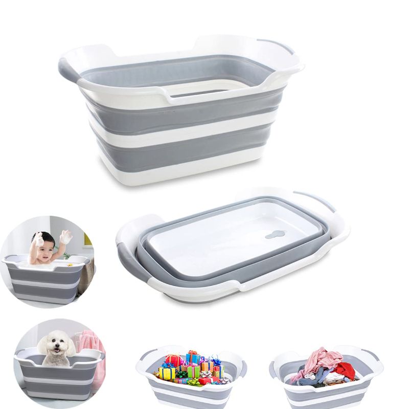 Photo 1 of Collapsible Baby Bathtub,Toddler Bathtub,Baby tub,Small Pets Bathtub Portable Baby Bathtub Washing Tub, Foldable Multifunction Plastic Laundry Basket Storage Basin with Drainage Hole (Grey)