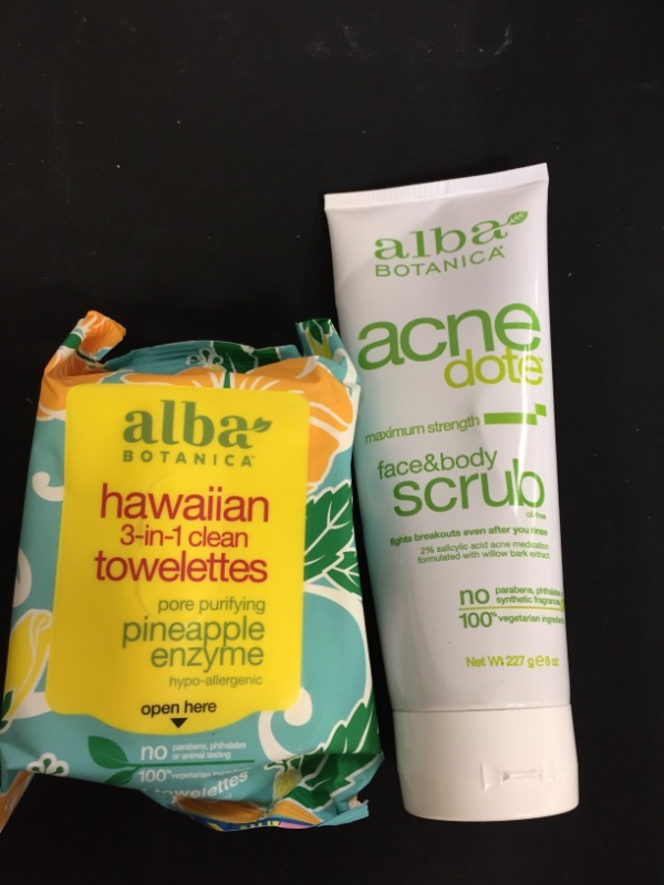 Photo 3 of 2PC LOT
Alba Botanica Acnedote Face and Body Scrub 8 Ounce (DAMAGED BOTTLE)

Alba Botanica Hawaiian 3 In1 Clean Towelettes Deep Pore Purifying Enzyme, Pineapple, 25 Count (Packaging may Vary)

